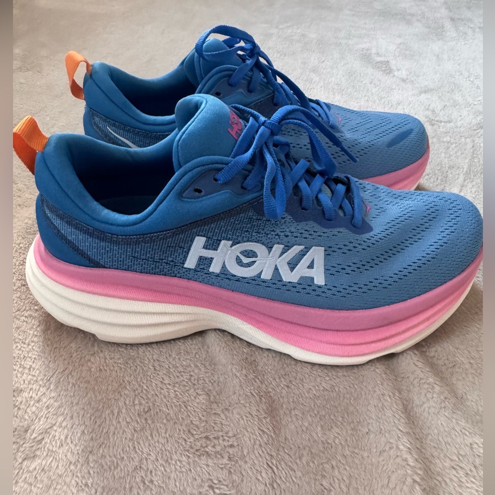 Hoka Bondi 8 Women's Blue and Pink Athletic Shoes